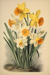 daffodils botanical lithograph illustration on vintage cream paper, generative ai