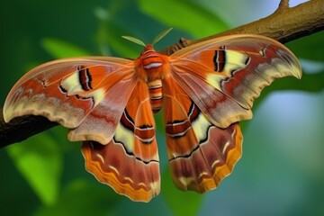 Portrait atlas moth on the branch with light exposure AI Generative - obrazy, fototapety, plakaty