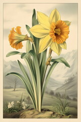 daffodils botanical lithograph illustration in mountain landscape on vintage cream paper, generative ai