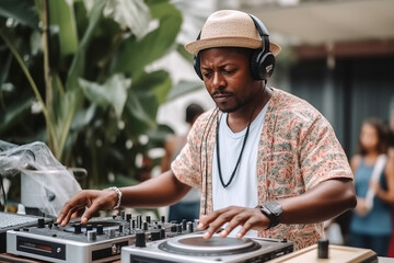 man DJ mixes music on mixer board at outdoor summer party. Generative AI