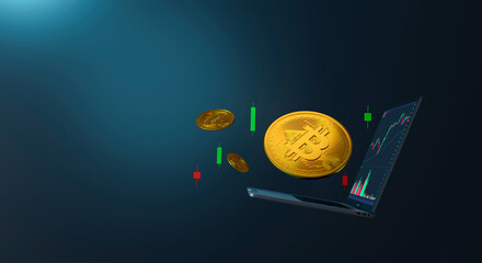 Bitcoin gold coin and defocused chart background. Investing in virtual assets. Investment platform with charts and bitcoin coin. Virtual cryptocurrency concept.
