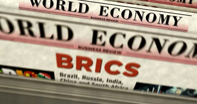 BRICS Brazil Russia India China South Africa economy association daily news newspaper printing. Abstract concept retro headlines 3d seamless looped.