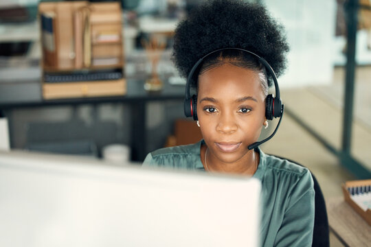 Call Center, Black Woman And Computer For Telemarketing, Business Or Customer Service In Office. Contact Us, Crm And Serious African Female Sales Agent, Support Consultant Or Professional Person.