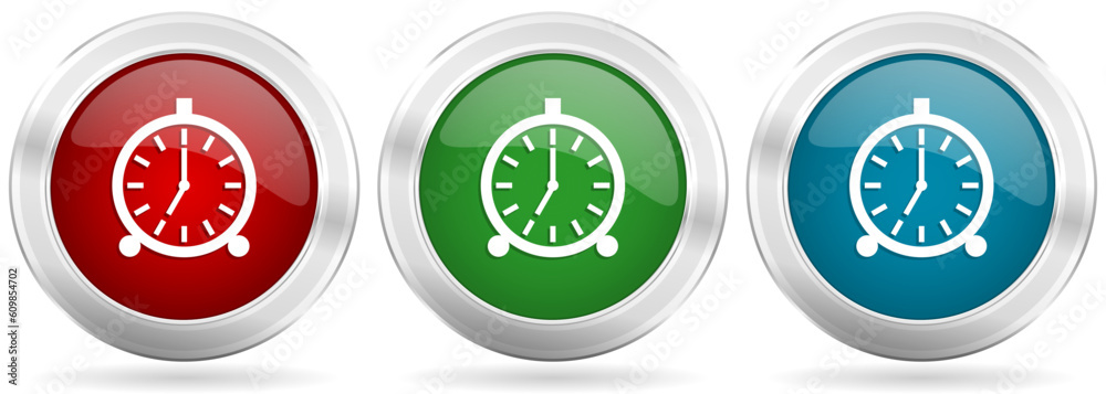 Poster alarm vector icon set. red, blue and green silver metallic web buttons with chrome border