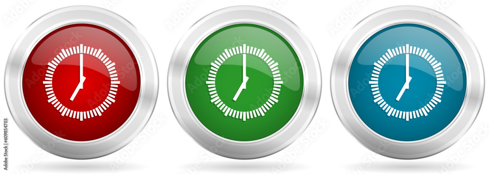 Poster Time, clock, watch vector icon set. Red, blue and green silver metallic web buttons with chrome border