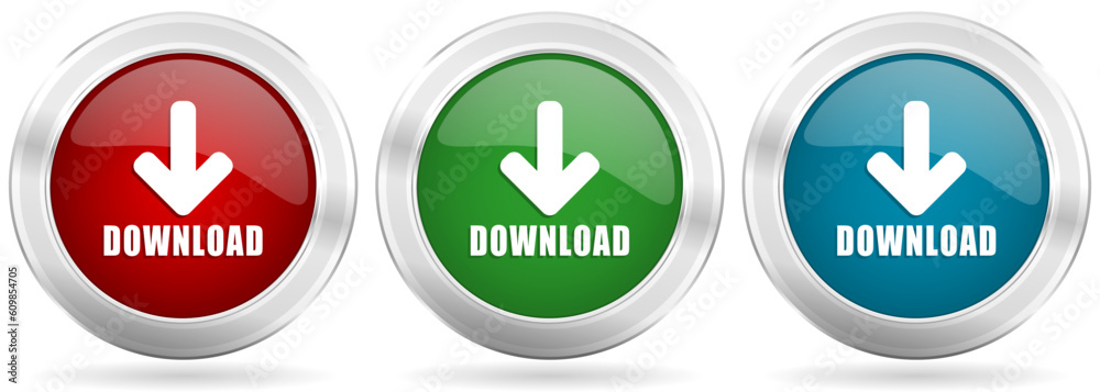 Poster download vector icon set. red, blue and green silver metallic web buttons with chrome border