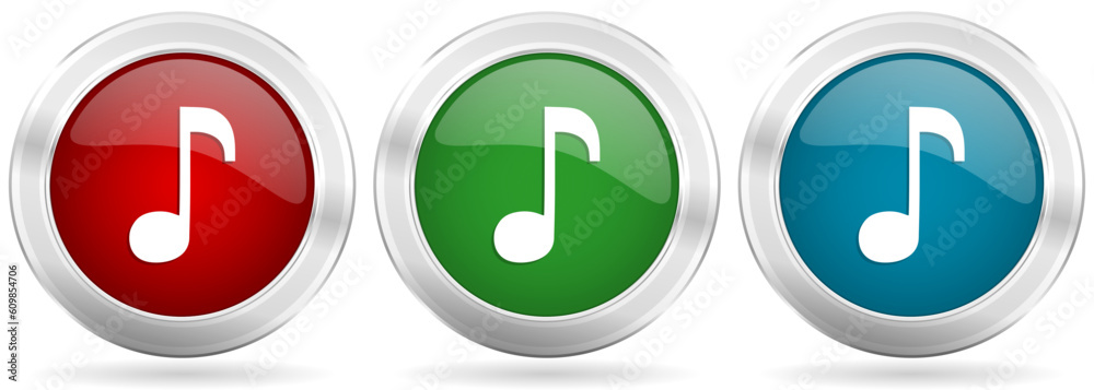 Poster music vector icon set. red, blue and green silver metallic web buttons with chrome border
