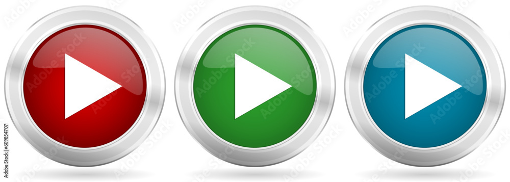 Poster play vector icon set. red, blue and green silver metallic web buttons with chrome border