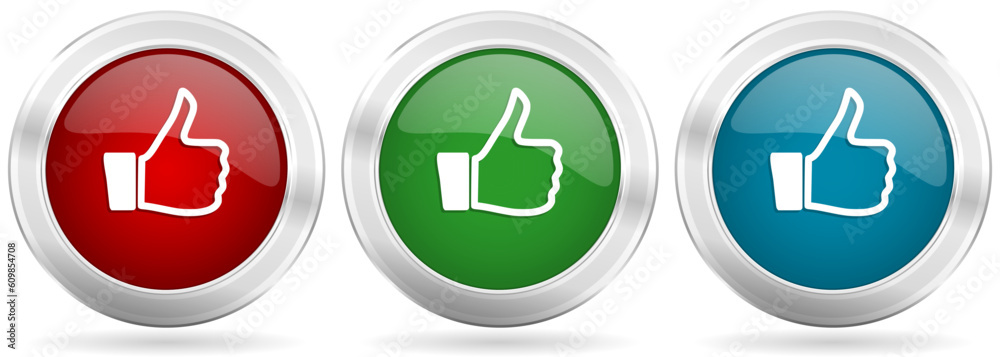 Aufkleber Like vector icon set. Red, blue and green silver metallic web buttons with chrome border