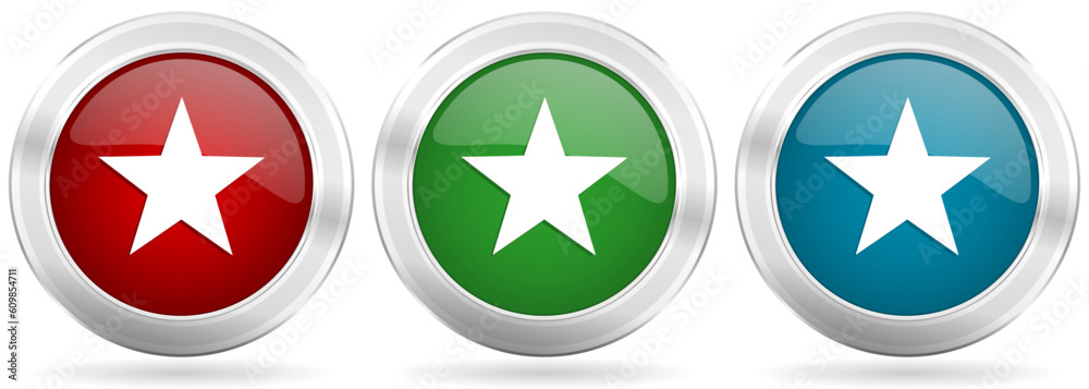 Poster star vector icon set. red, blue and green silver metallic web buttons with chrome border