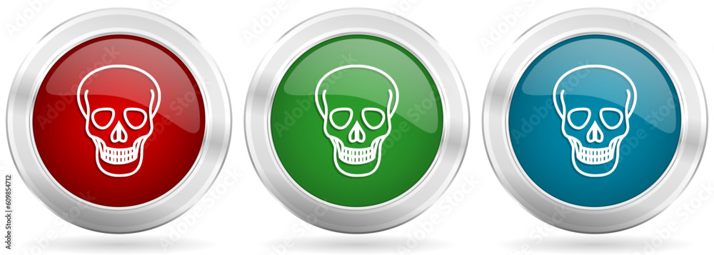 Aufkleber skull vector icon set. red, blue and green silver metallic web buttons with chrome border