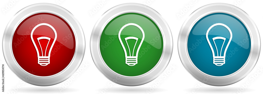 Poster Bulb vector icon set. Red, blue and green silver metallic web buttons with chrome border