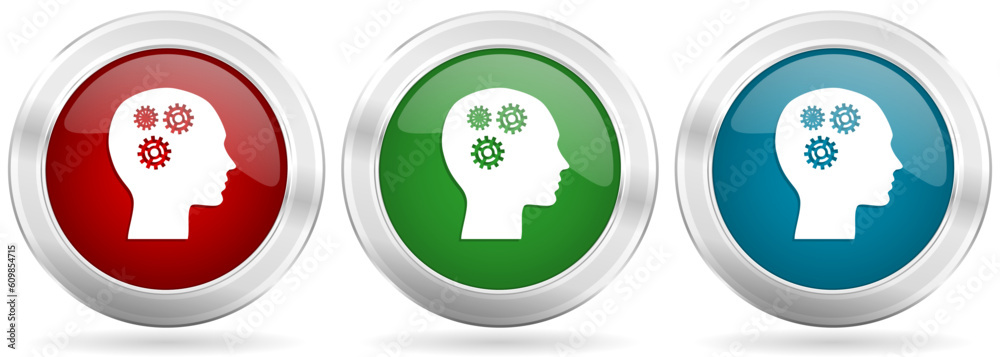 Poster head vector icon set. red, blue and green silver metallic web buttons with chrome border