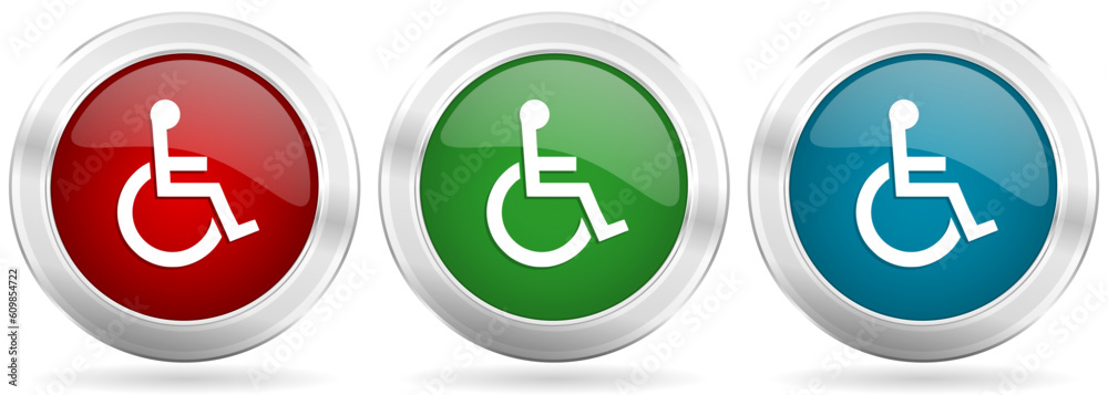 Poster Wheelchair vector icon set. Red, blue and green silver metallic web buttons with chrome border