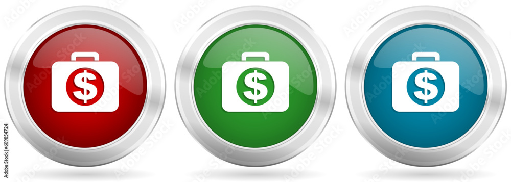 Poster financial vector icon set. red, blue and green silver metallic web buttons with chrome border