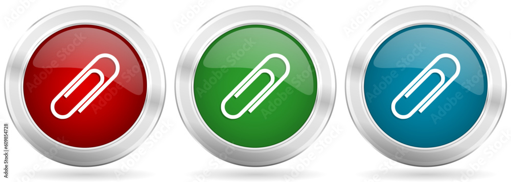 Poster Paperclip vector icon set. Red, blue and green silver metallic web buttons with chrome border