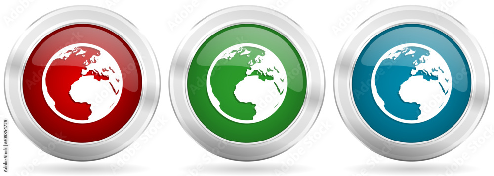 Aufkleber earth vector icon set. red, blue and green silver metallic web buttons with chrome border