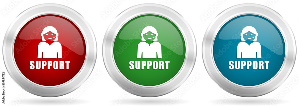 Poster Support vector icon set. Red, blue and green silver metallic web buttons with chrome border