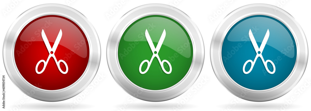 Poster Scissors vector icon set. Red, blue and green silver metallic web buttons with chrome border