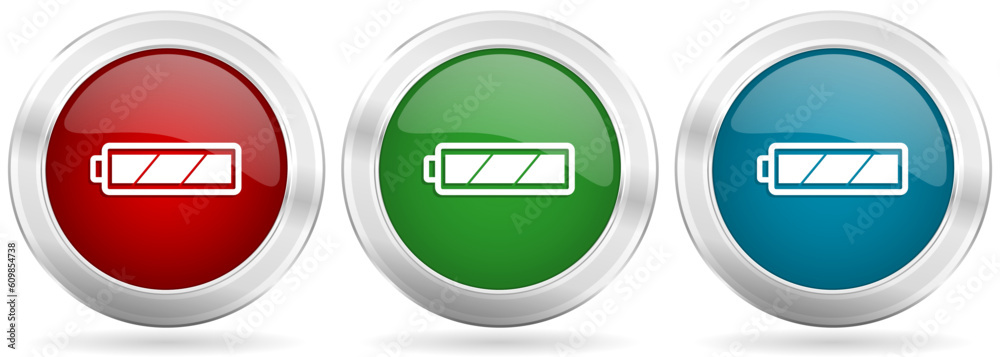 Aufkleber battery vector icon set. red, blue and green silver metallic web buttons with chrome border