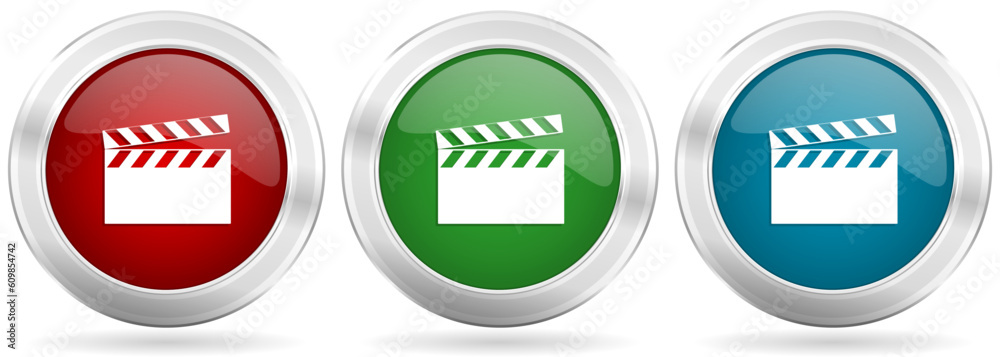 Poster video vector icon set. red, blue and green silver metallic web buttons with chrome border
