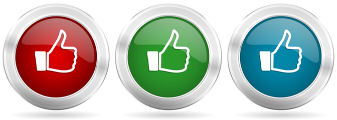 Like vector icon set. Red, blue and green silver metallic web buttons with chrome border