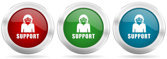 Support vector icon set. Red, blue and green silver metallic web buttons with chrome border