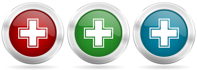 Fototapeta premium Pharmacy vector icon set. Red, blue and green silver metallic web buttons with chrome border
