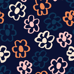Fototapeta premium Abstract seamless pattern with hand drawn ink flowers. Vector floral texture. Beautiful botanical background in retro style