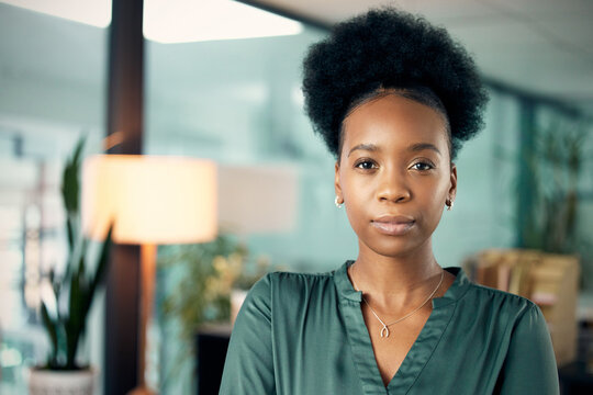 Portrait, business and black woman with a career, serious and professional in a workplace, success or startup. Face, female person or employee with skills, consultant or agent in an office and growth