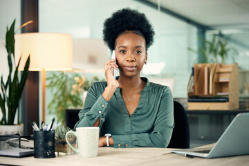 Phone call, black woman and business portrait, serious or conversation with contact. Smartphone,...