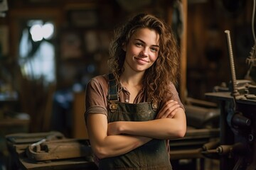 Obraz na płótnie Canvas In a workshop, a sensual female craftsman is captured in a portrait, wearing a slight smile that reflects her candid nature. With skilled hands and a creative spirit, she transforms raw. Generative AI