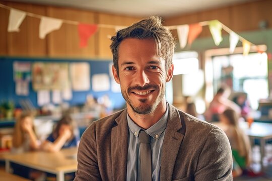 In A Kindergarten Setting, A Portrait Captures A Handsome Male Teacher Wearing A Slight Smile, Reflecting His Candid Nature. With Warmth And Patience, He Engages Young Minds. Generative AI