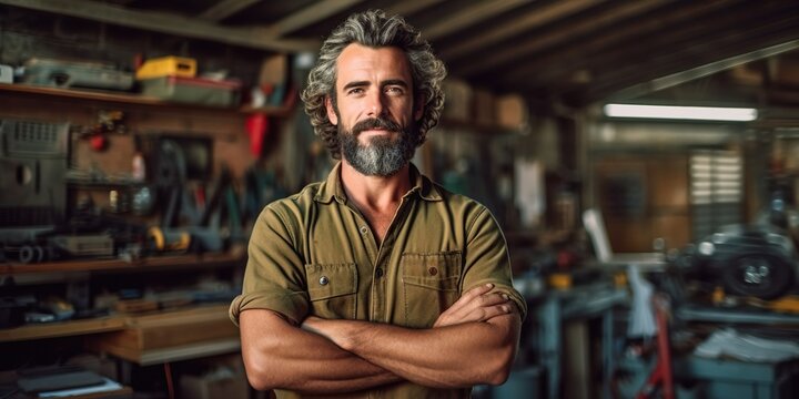 A portrait captures a handsome male auto mechanic in the garage, wearing a slight smile that reflects his candid nature. With grease-stained hands and expert knowledge. Generative AI