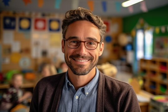 In A Kindergarten Setting, A Portrait Captures A Handsome Male Teacher Wearing A Slight Smile, Reflecting His Candid Nature. With Warmth And Patience, He Engages Young . Generative AI