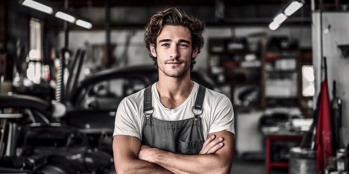 A portrait captures a handsome male auto mechanic in the garage, wearing a slight smile that reflects his candid nature. With grease-stained hands and expert knowledge. Generative AI