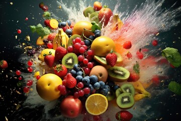 An explosion of juicy fruits bursting with vibrant colors and sweet flavors. The assortment includes succulent strawberries, luscious watermelons, tangy oranges. Generative AI