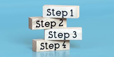 Step 1, 2, 3 and 4 - words on wooden blocks - 3D illustration