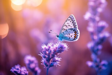 Beautiful butterfly on the flower with light exposure AI Generative