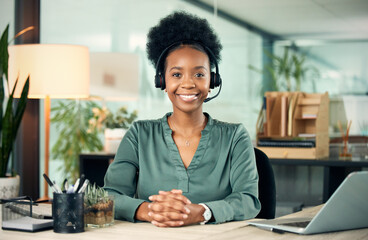 Black woman, portrait and smile in call center for business, customer service or telemarketing in...