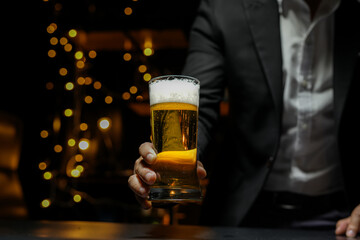 Bartender Serve beer, on wood bar, 