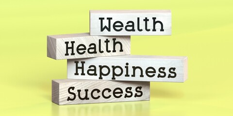 Wealth, health, happiness, success - words on wooden blocks - 3D illustration