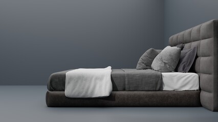 2-seater grey fabric sofa with pillows on a dark background. 3d render