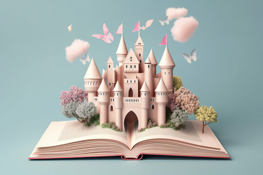 open book with princess castle with flowers and clouds growing out of it paper cut style with pastel colors created with AI generative tools