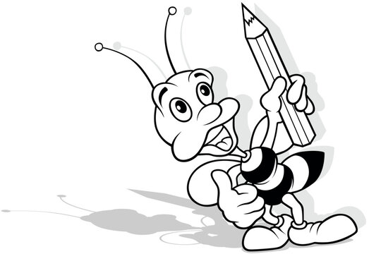 Drawing of a Bee Standing on the Ground and Holds a Crayon