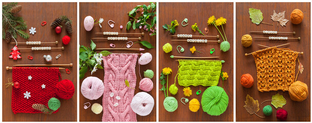 Needlework four seasons. Collage of four photos with colorful knitting, balls of woolen yarn,...