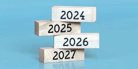 2024, 2025, 2026, 2027 - words on wooden blocks - 3D illustration - obrazy, fototapety, plakaty