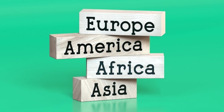 Europe, america, africa, asia - words on wooden blocks - 3D illustration
