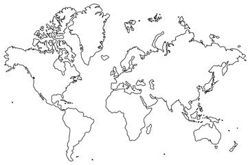 Black and white outline map of the world on a white background. Vector illustration