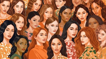 Vector illustration of a diverse group of beautiful women with natural beauty and glowing smooth skin, Generative AI